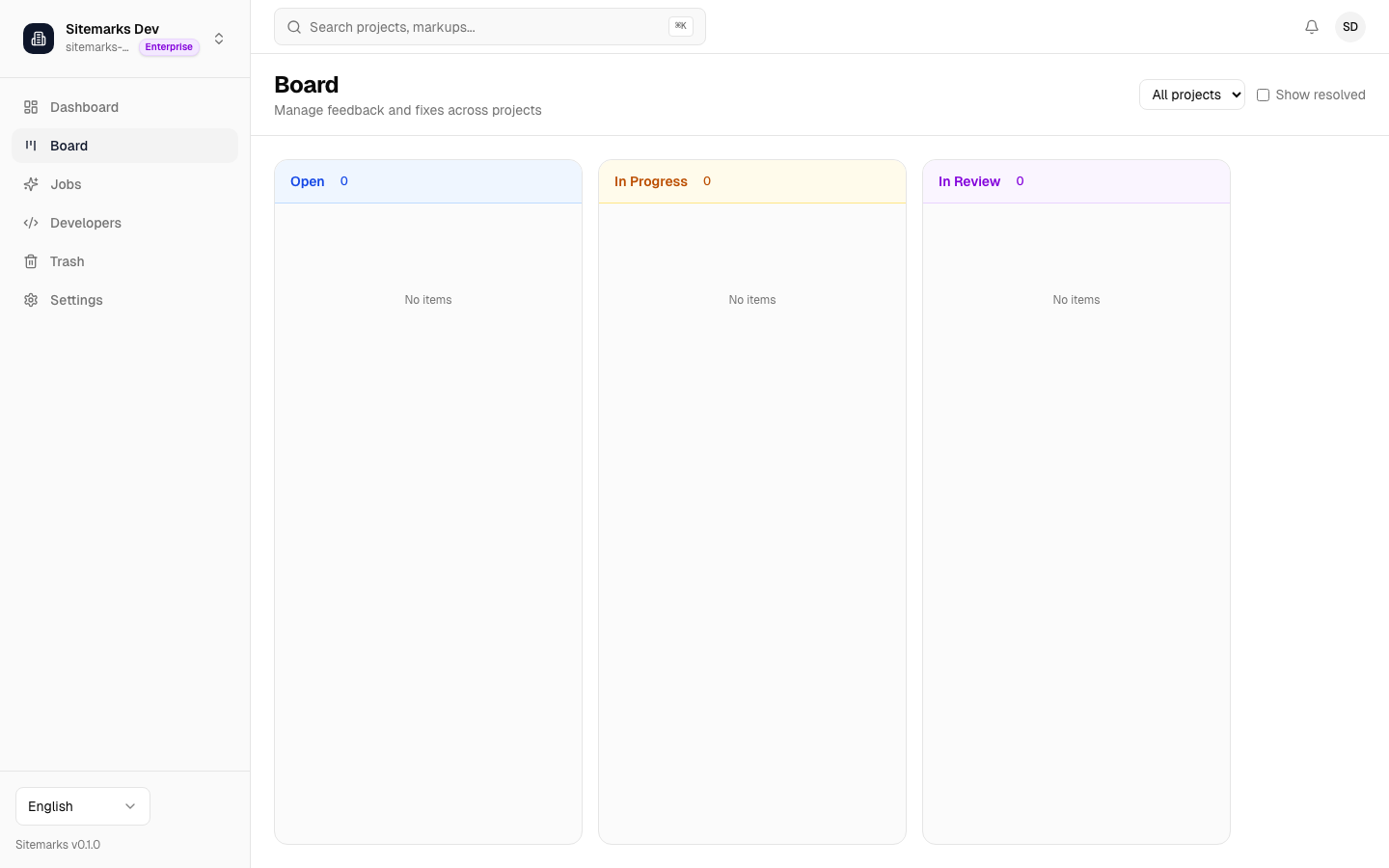 Board view showing annotations organized in kanban columns