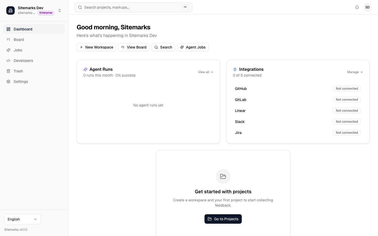 Sitemarks dashboard showing recent activity and project summary
