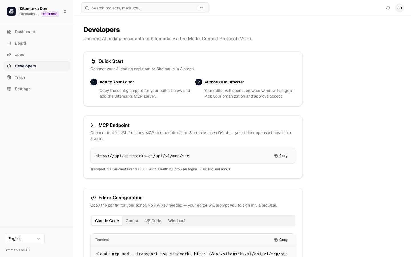Developer Console page showing the MCP endpoint URL and OAuth credentials