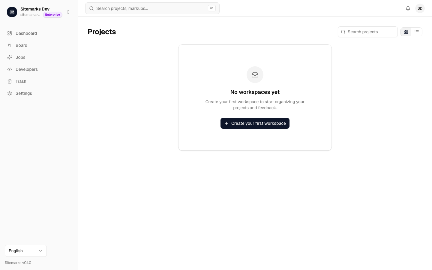 Projects list page showing workspaces and project cards