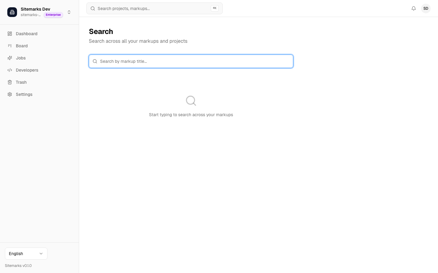 Search results page showing markups grouped by project