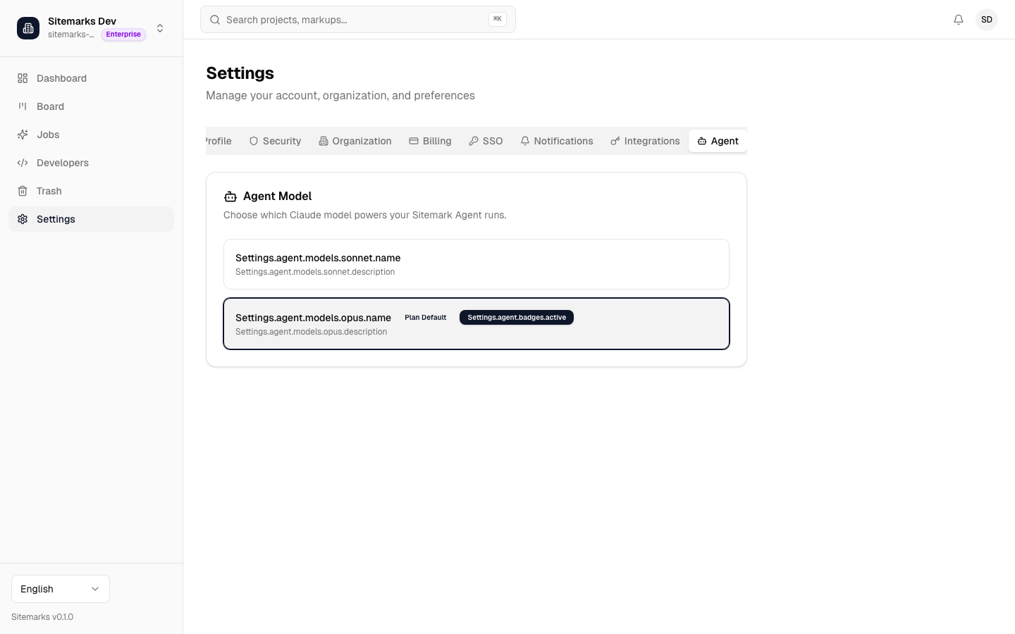 Agent settings page showing model selection and plan limits
