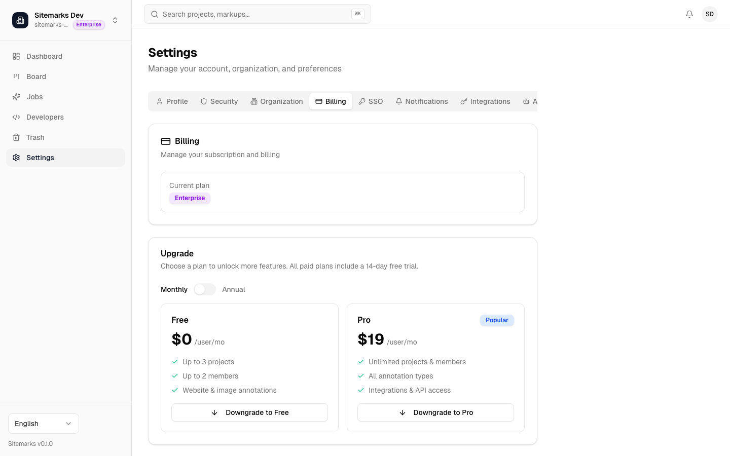 Billing settings page showing current plan, usage metrics, and upgrade options