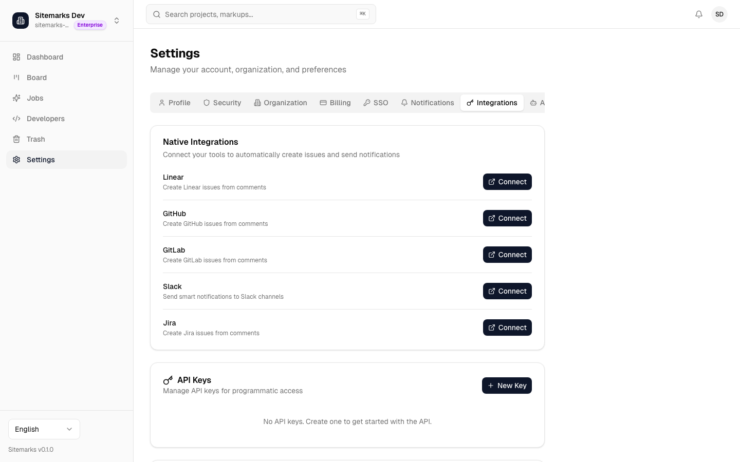 Settings Integrations page showing API key management