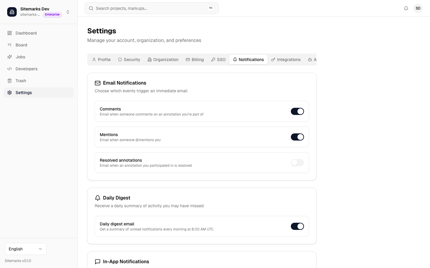 Notification preferences page showing event toggles and email delivery options