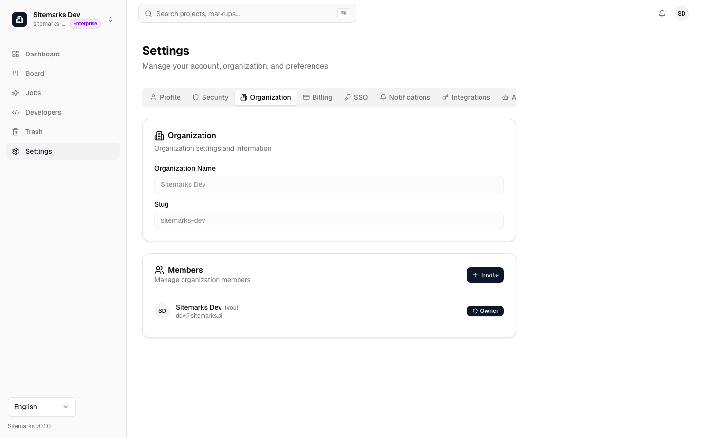 Organization settings page showing name, slug, and general configuration
