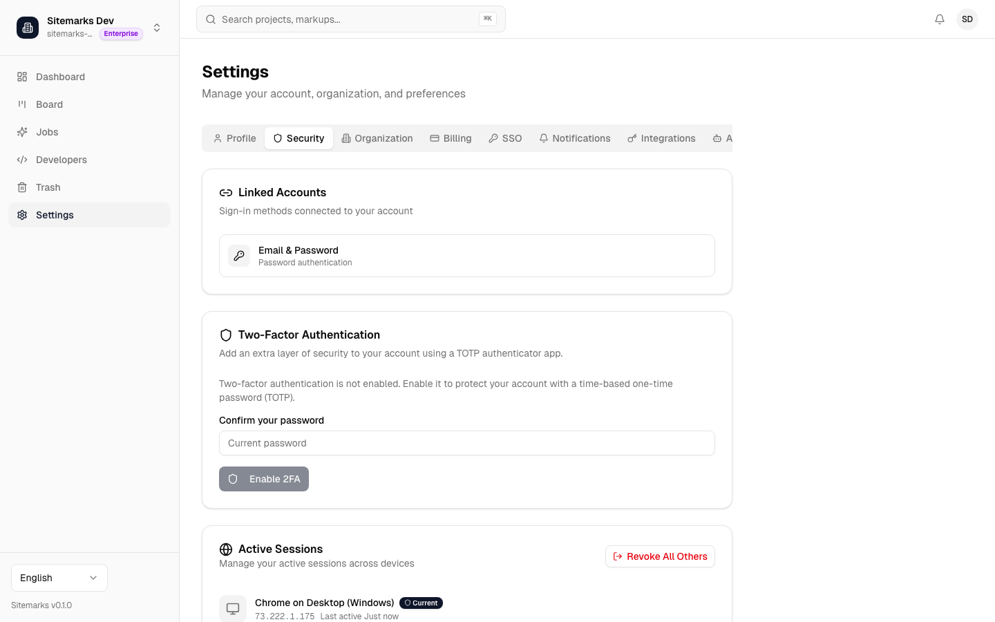 Security settings page showing 2FA status, active sessions, and linked accounts