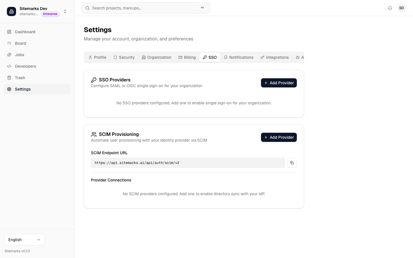 SSO and SCIM configuration page showing provider setup and enforcement options