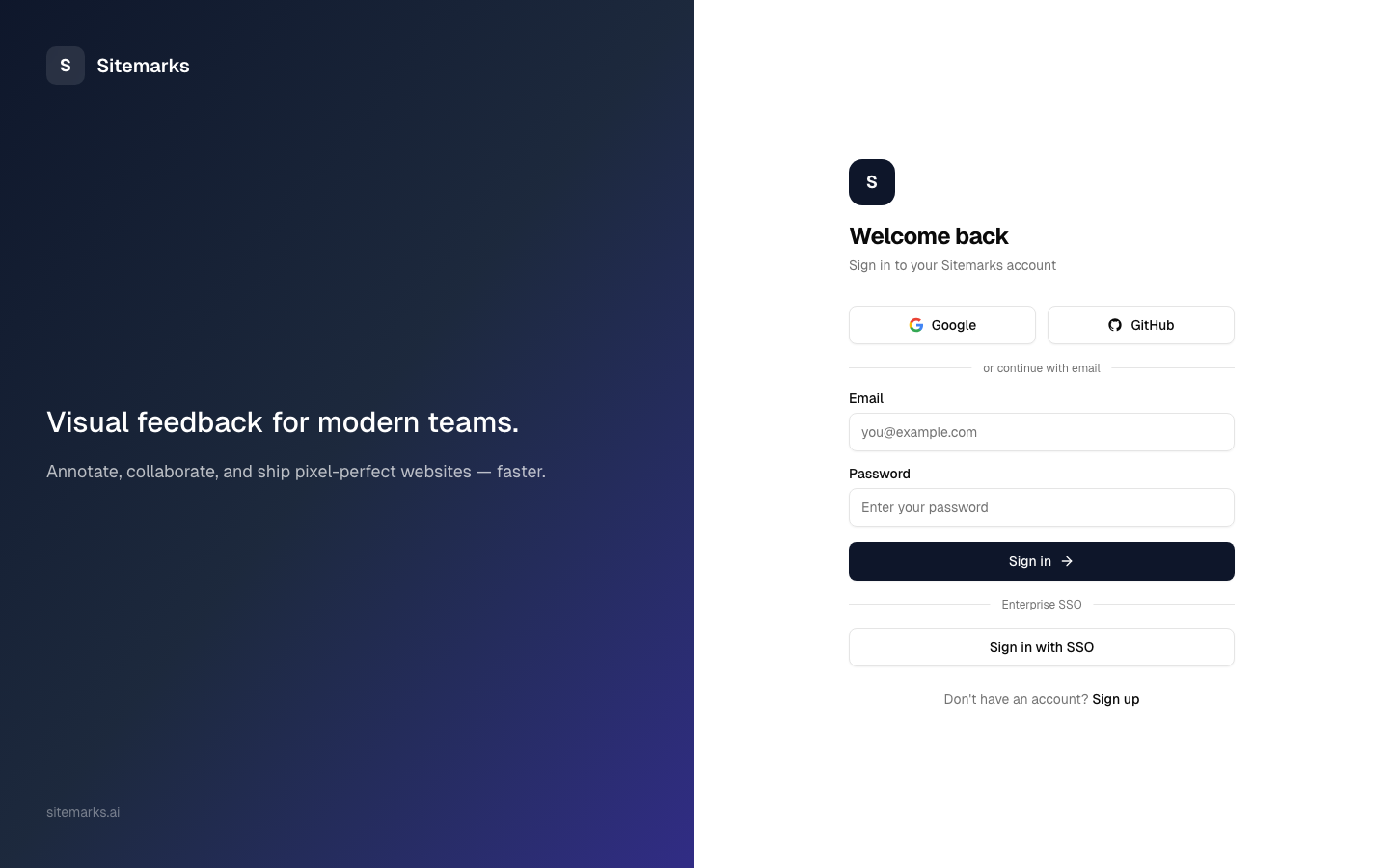 Sitemarks sign-in page