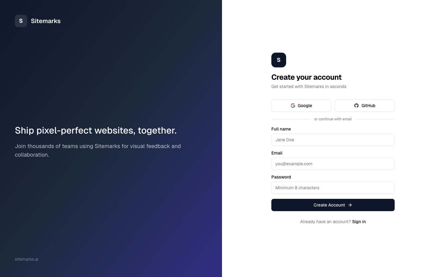 Sitemarks sign-up page showing email, Google, and GitHub options