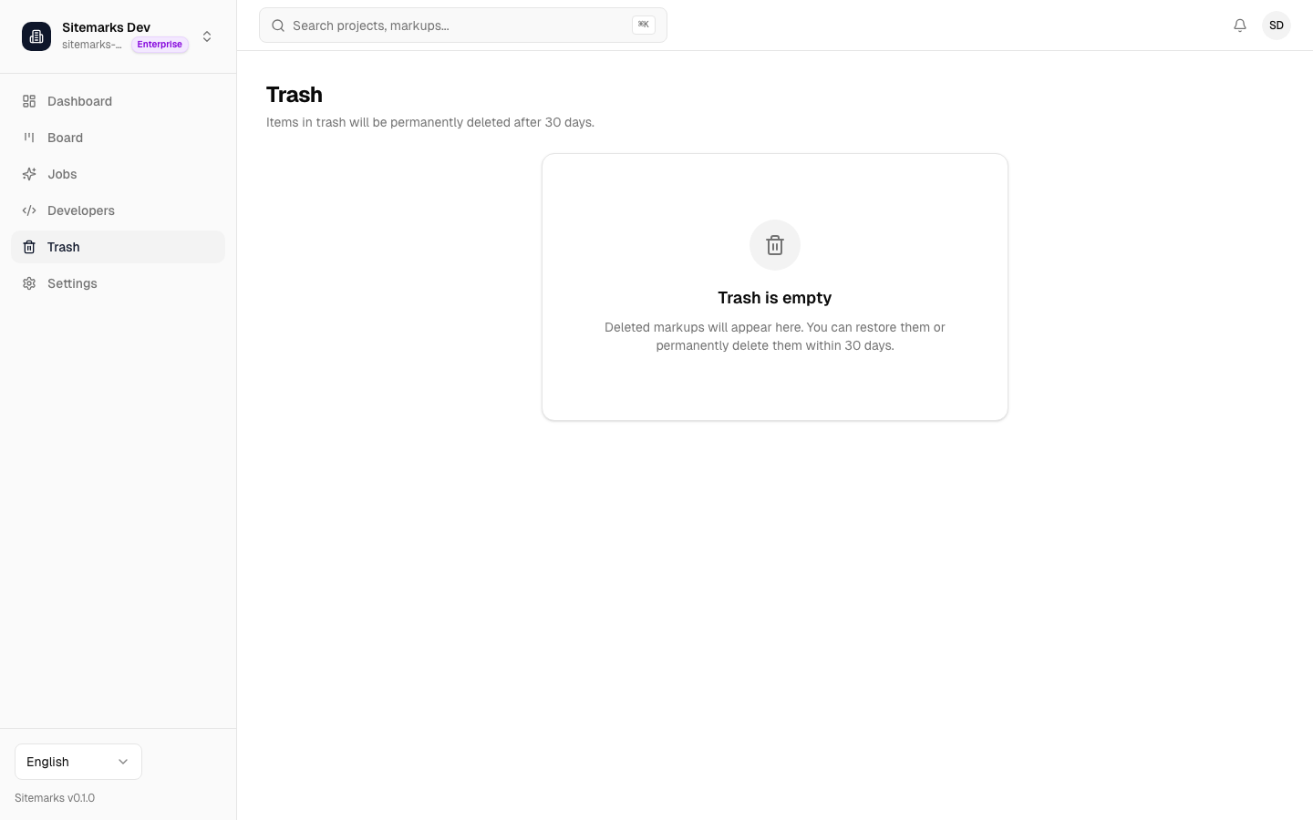 Trash page showing soft-deleted markups with restore and delete options